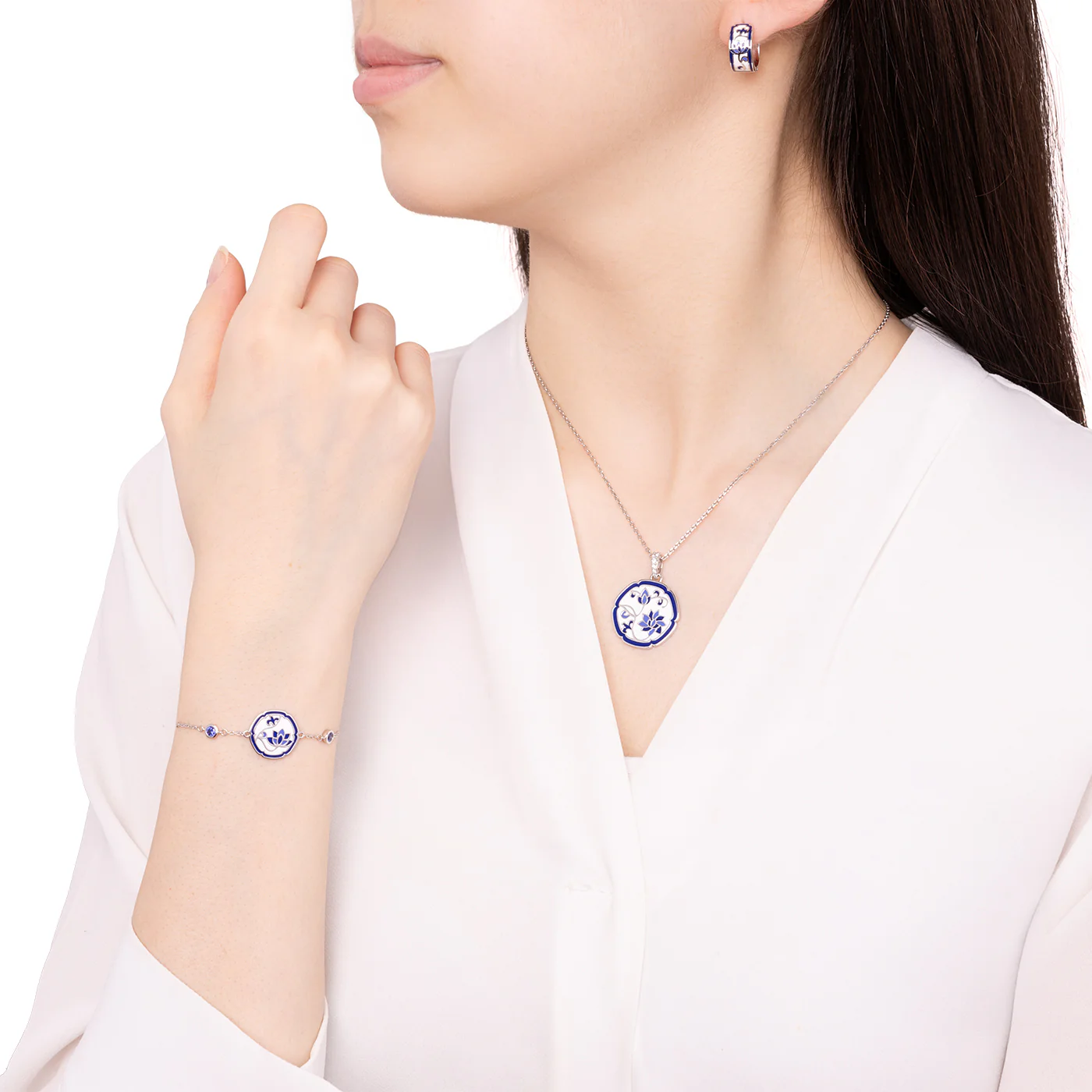 Blue and White Lotus Huggie Earrings - Image 3