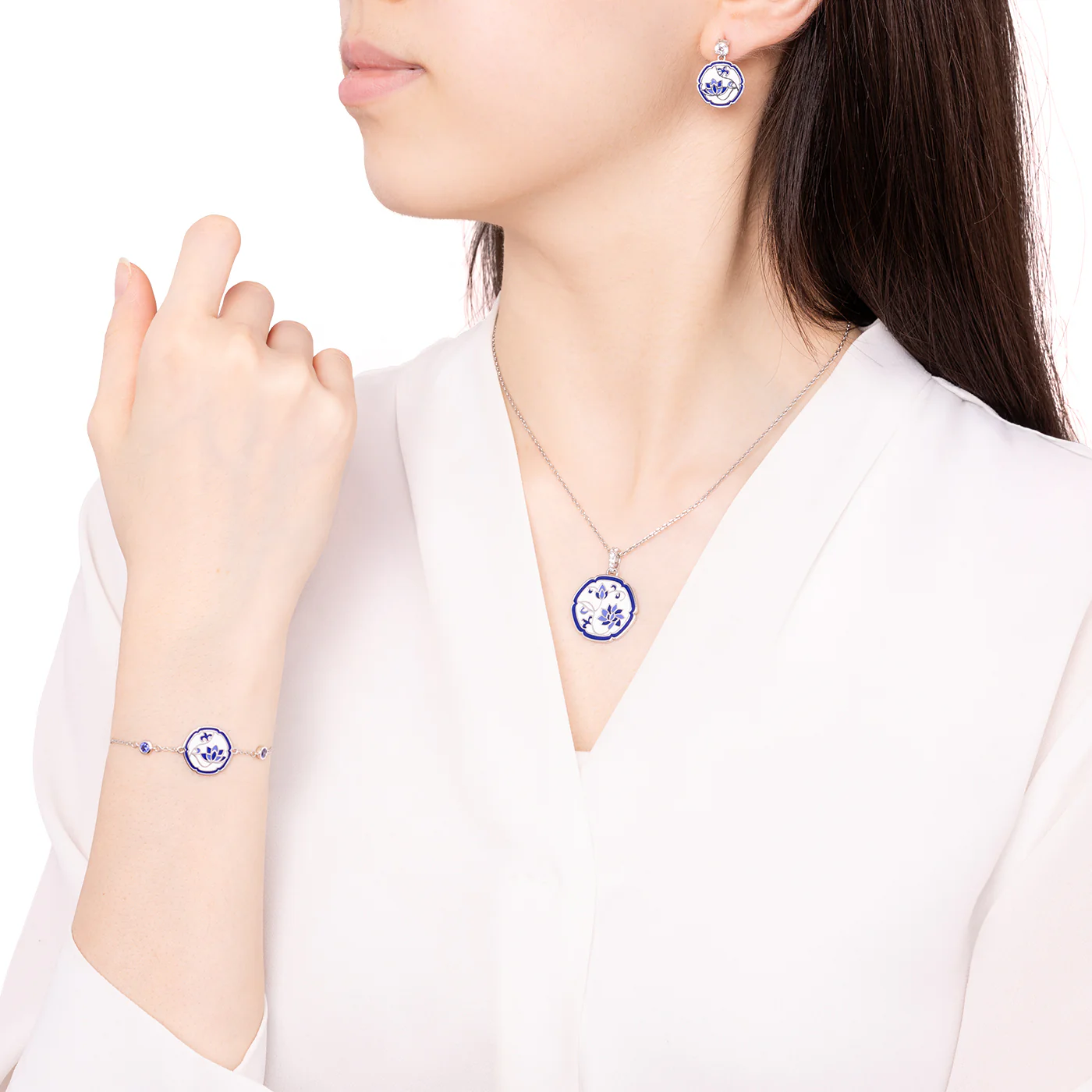 Blue and White Lotus Earrings - Image 4
