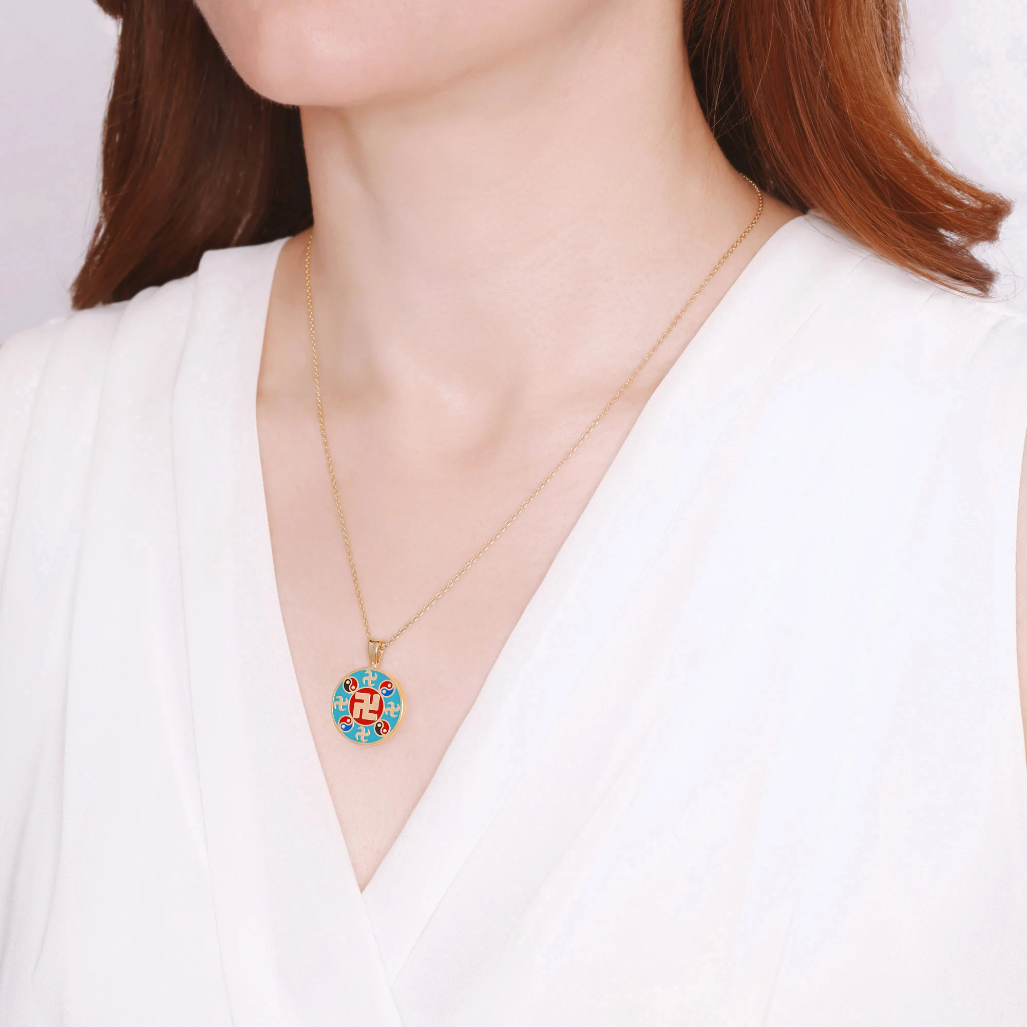 Falun Enamel Teal Pendant 10kt Yellow Gold 20mm - Image 4