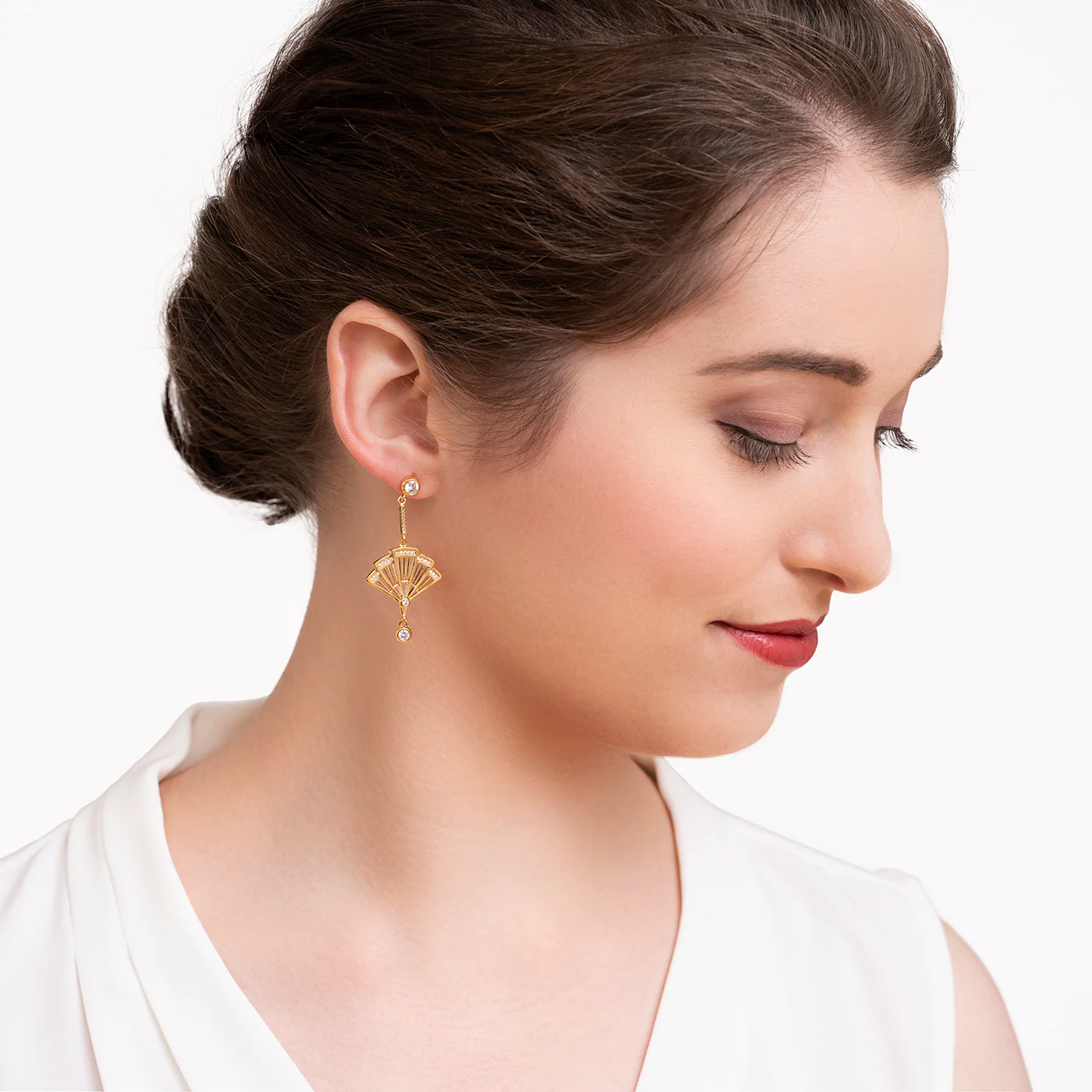 Fan Earrings - Gold with Clear Crystal - Image 2