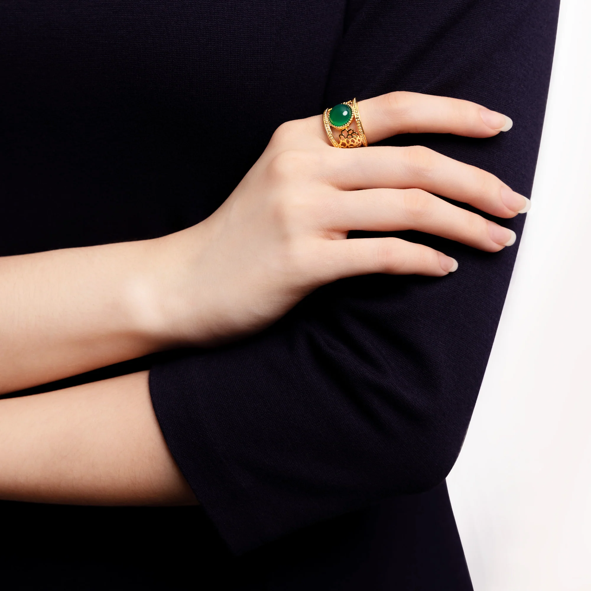 Golden Tang Peony Ring - Green - Image 4