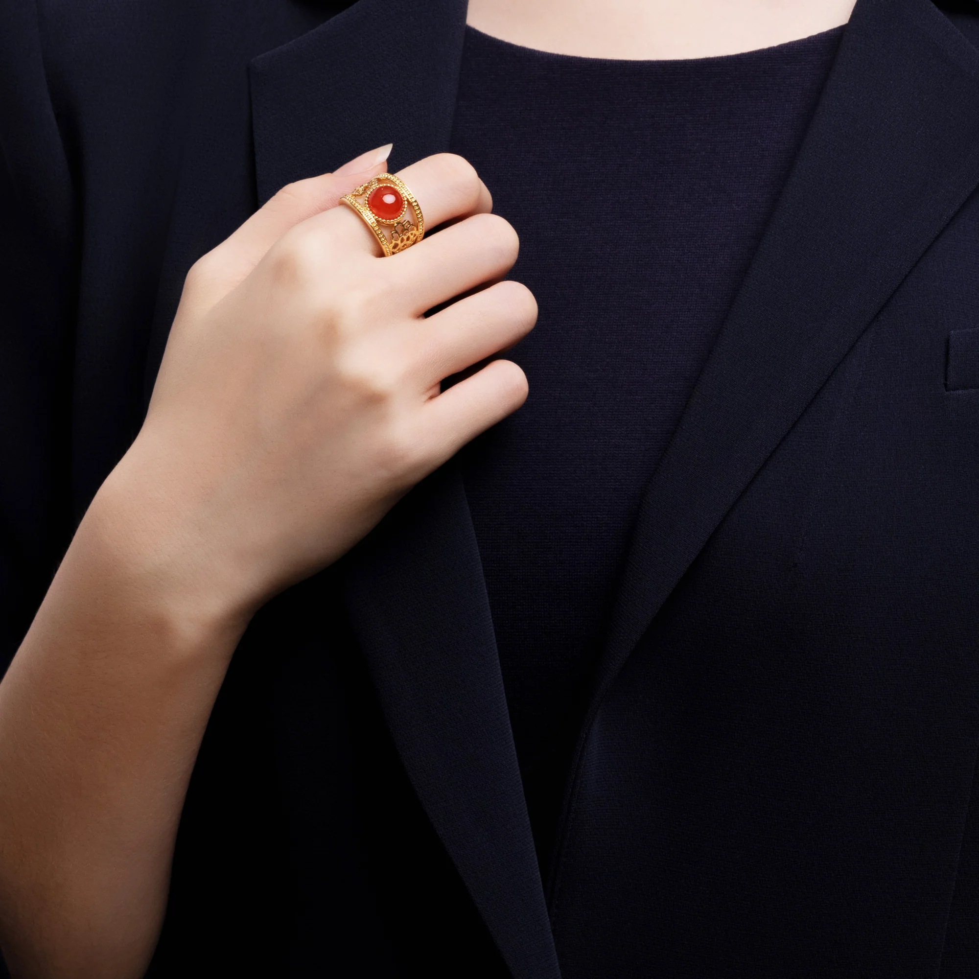 Golden Tang Peony Ring - Orange - Image 4