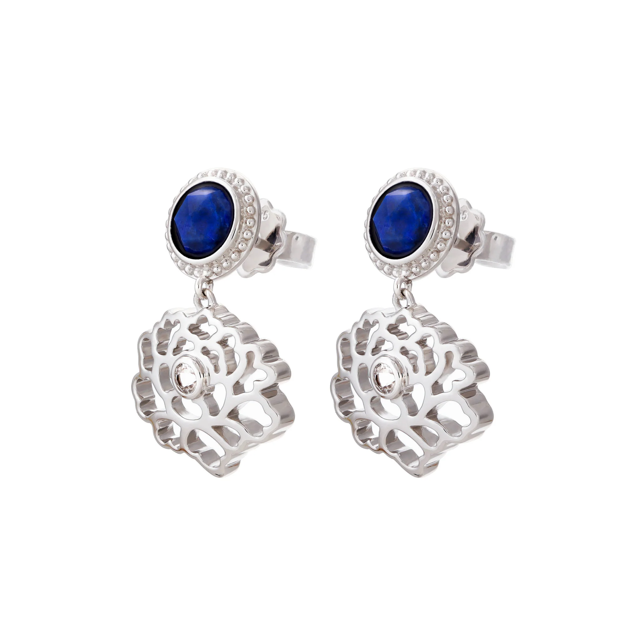 Majestic Tang Peony Earrings Silver with Lapis - Image 2
