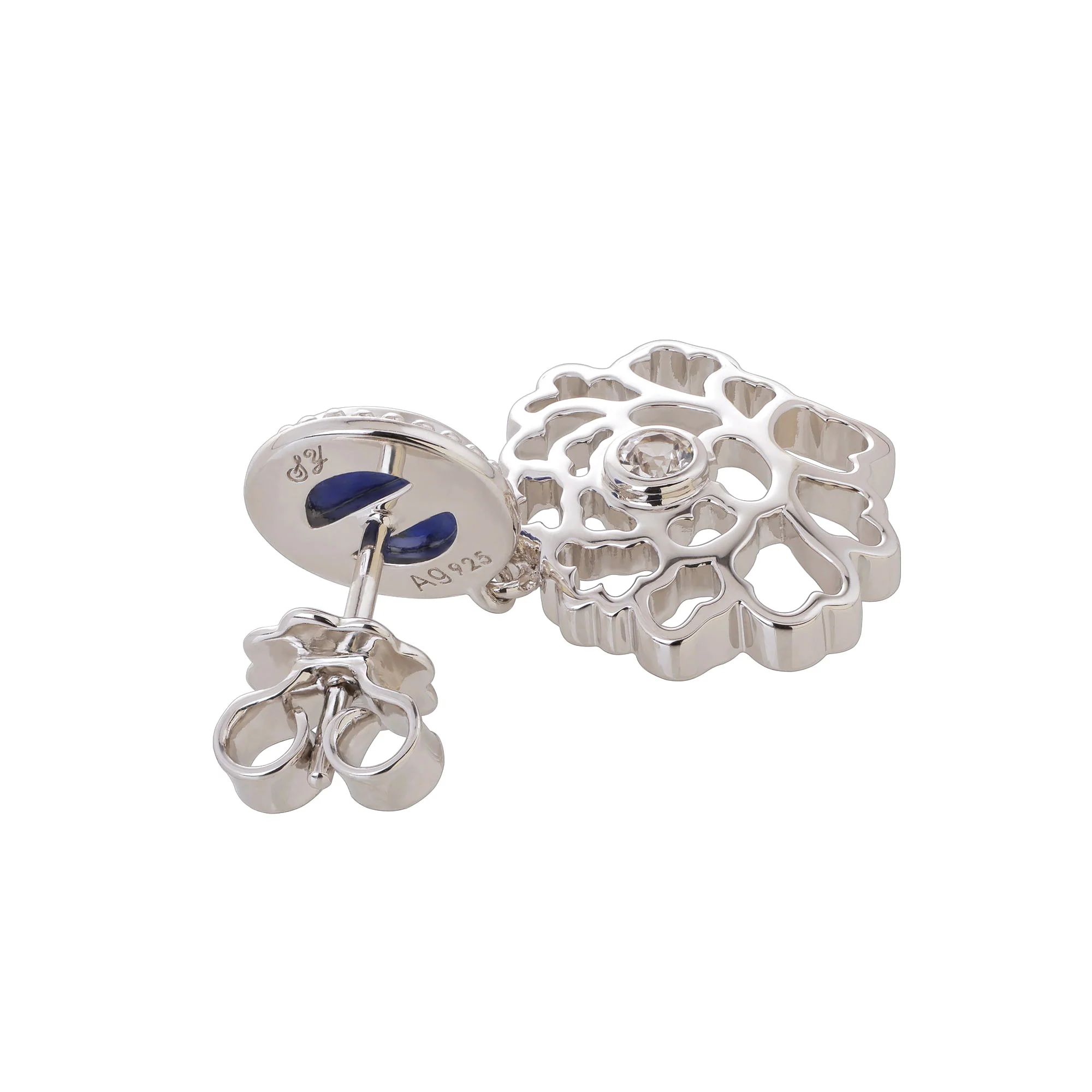 Majestic Tang Peony Earrings Silver with Lapis - Image 3