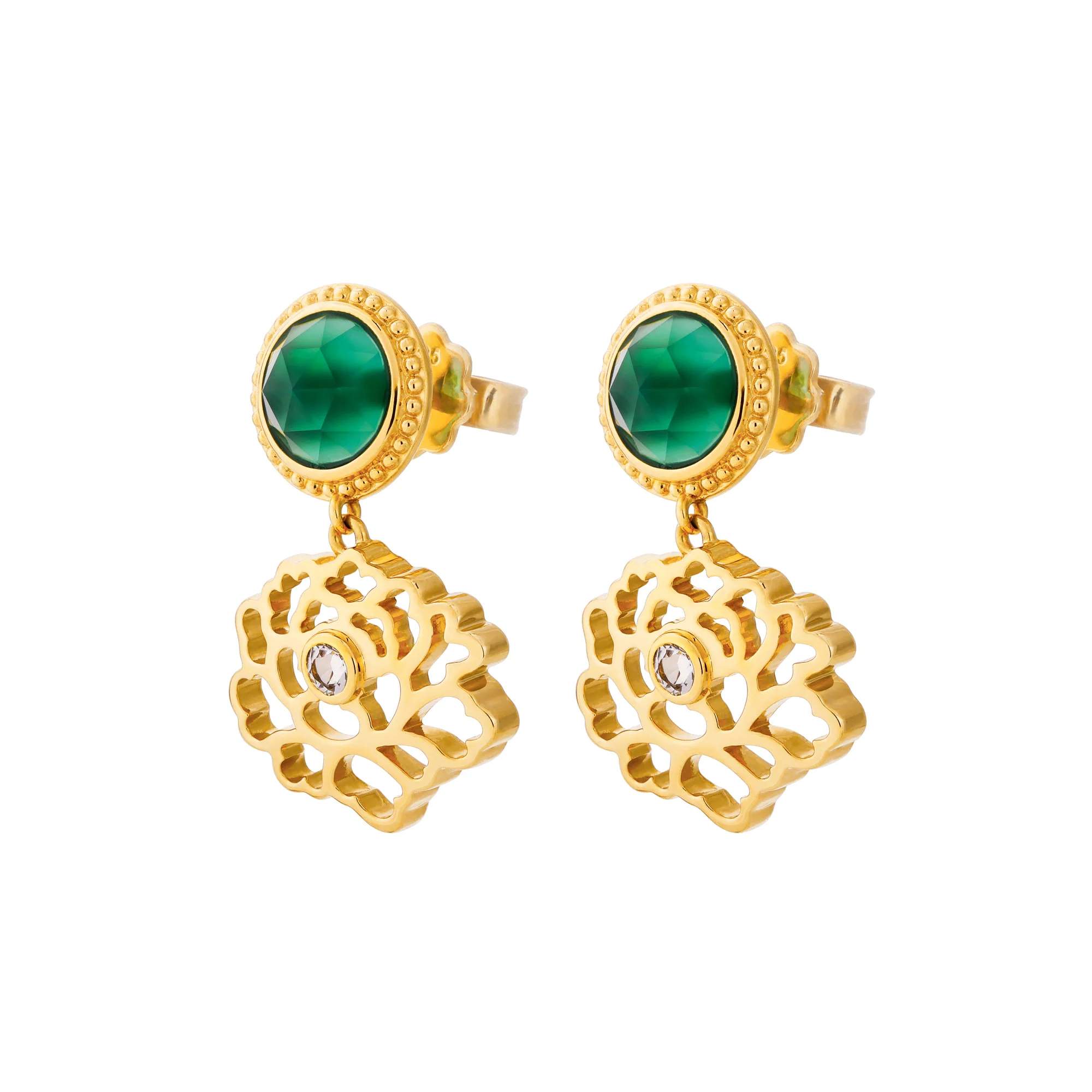 Majestic Tang Peony Earrings Gold Vermeil with Green Agate - Image 2