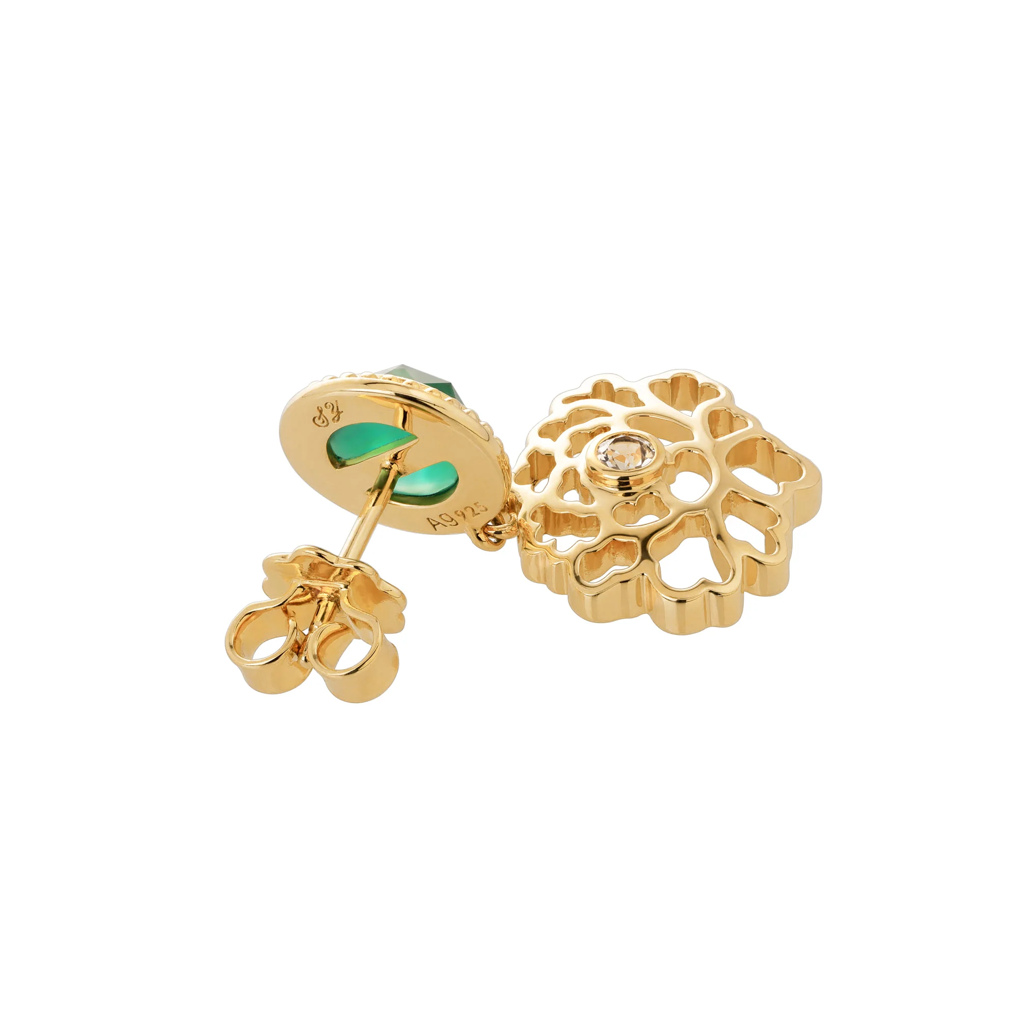 Majestic Tang Peony Earrings Gold Vermeil with Green Agate - Image 3