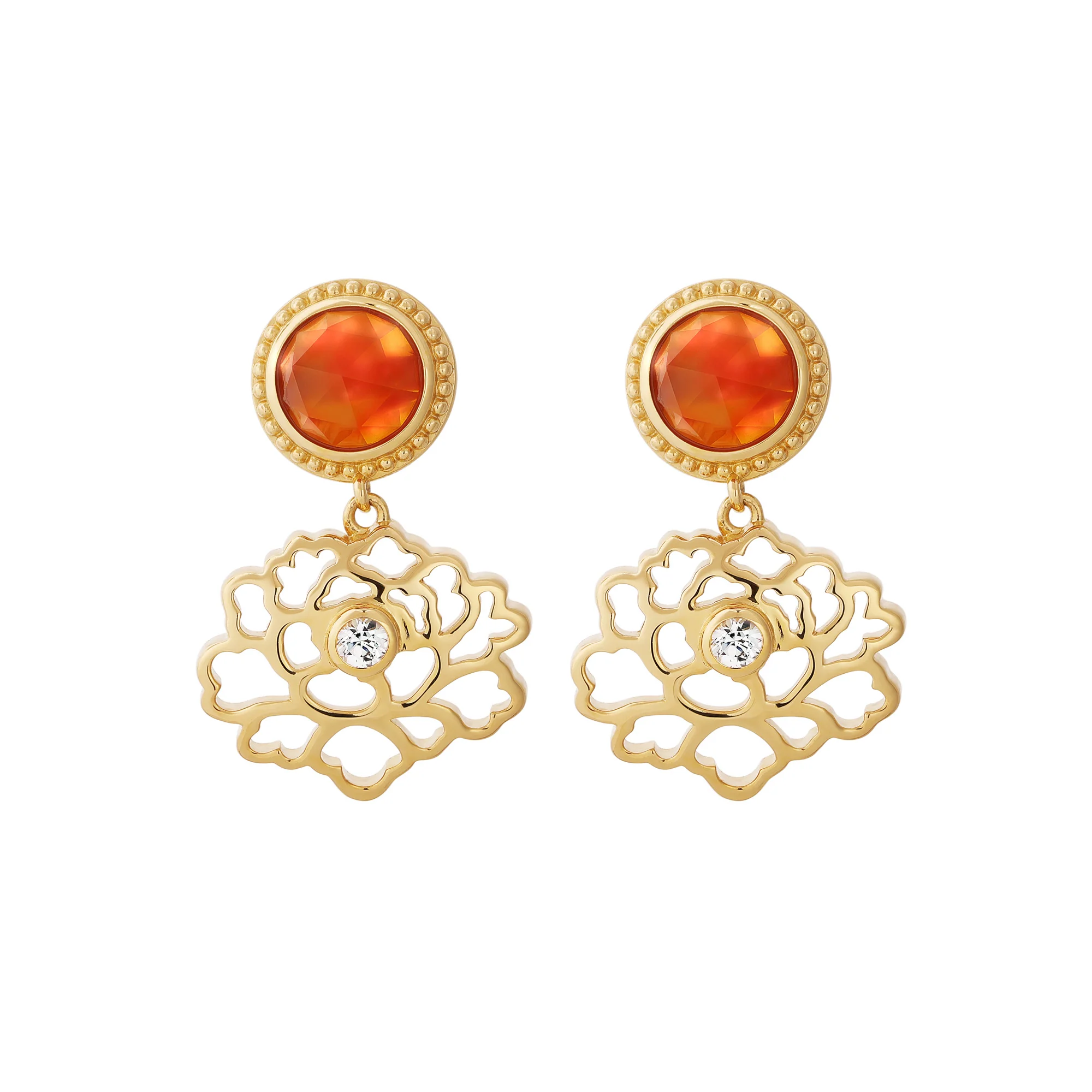 Majestic Tang Peony Earrings Gold Vermeil with Orange Carnelian