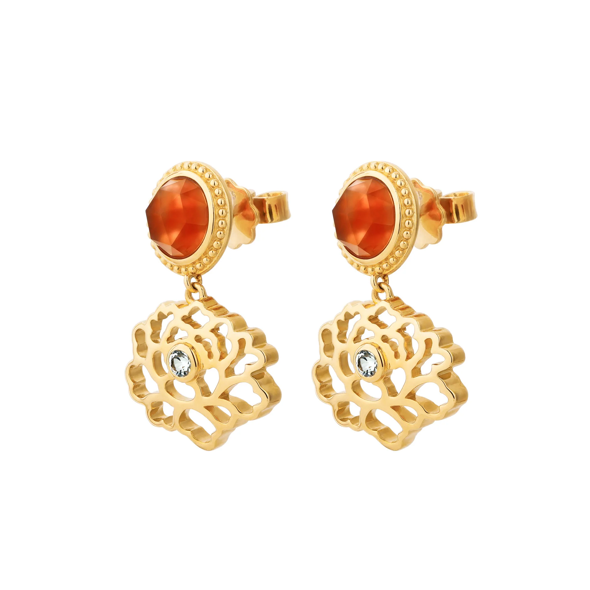 Majestic Tang Peony Earrings Gold Vermeil with Orange Carnelian - Image 2