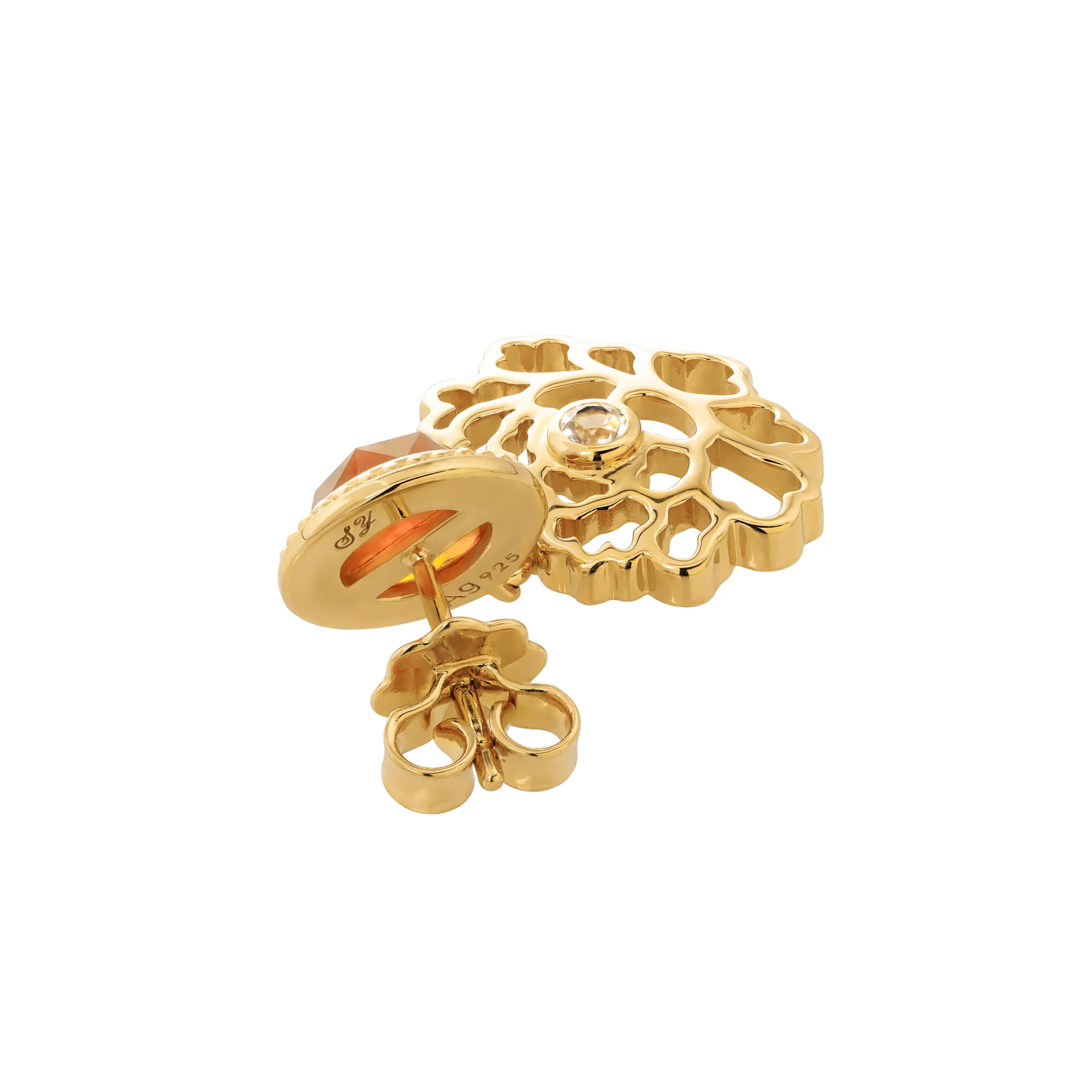 Majestic Tang Peony Earrings Gold Vermeil with Orange Carnelian - Image 3