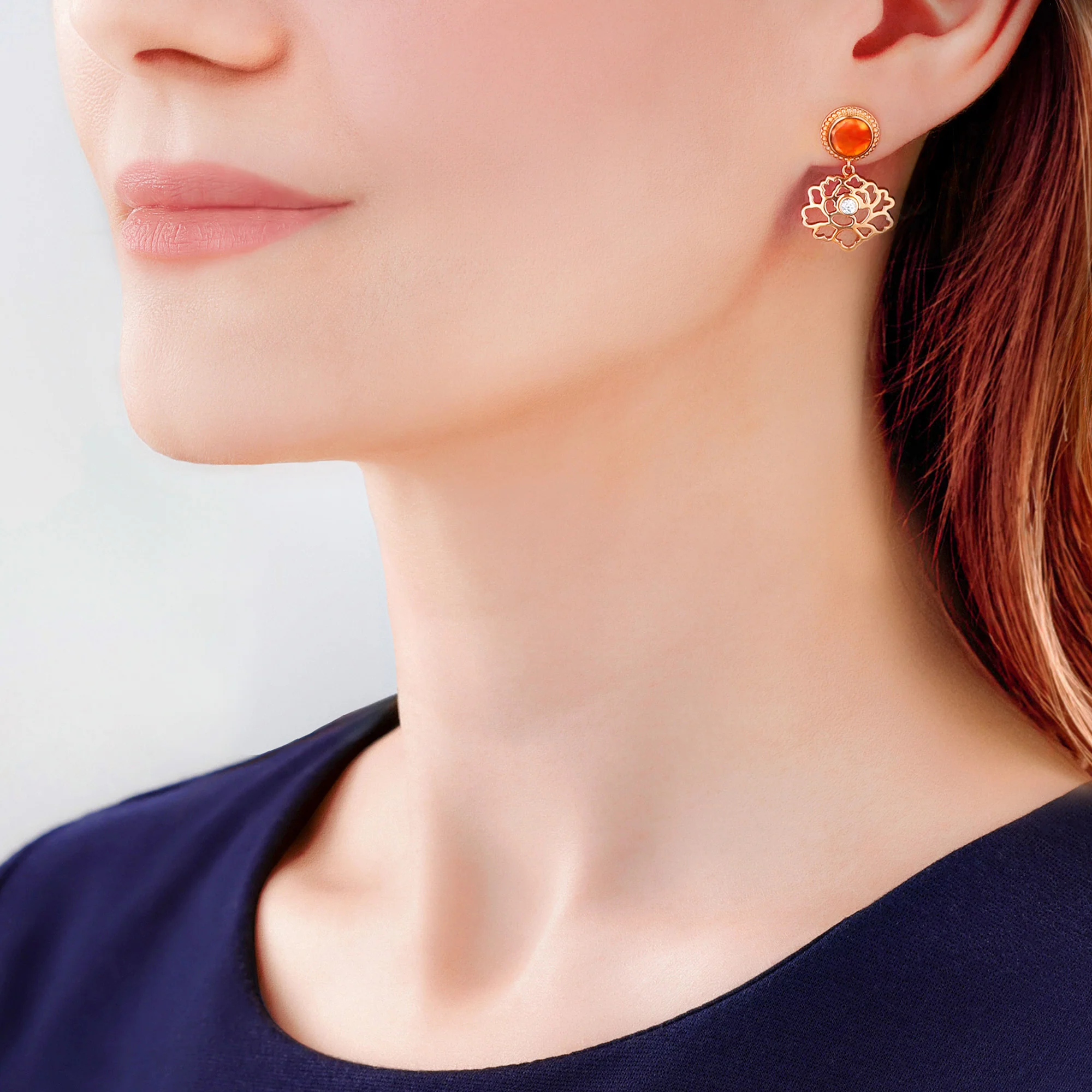 Majestic Tang Peony Earrings Gold Vermeil with Orange Carnelian - Image 4