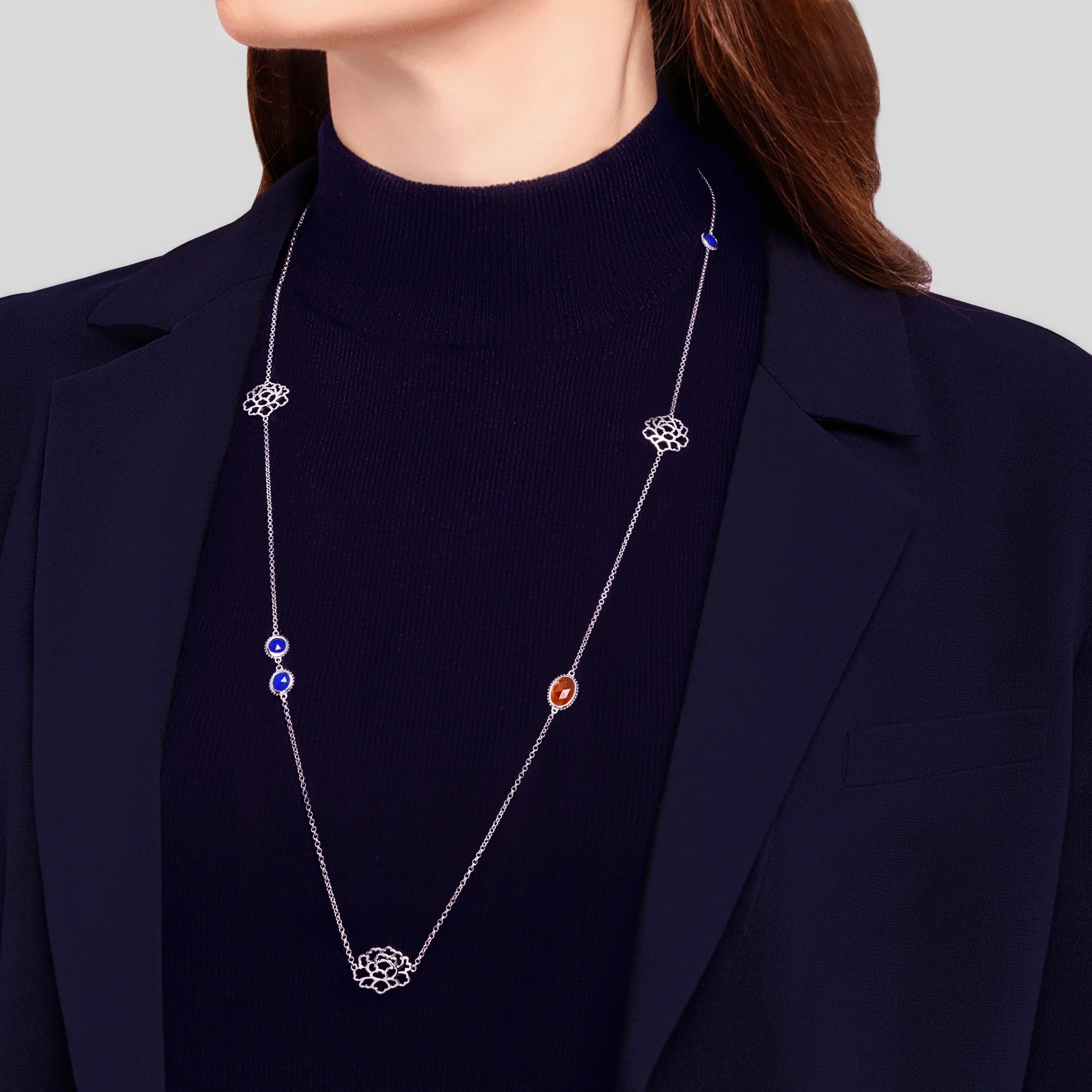 Majestic Tang Peony Long Necklace Silver - Image 3