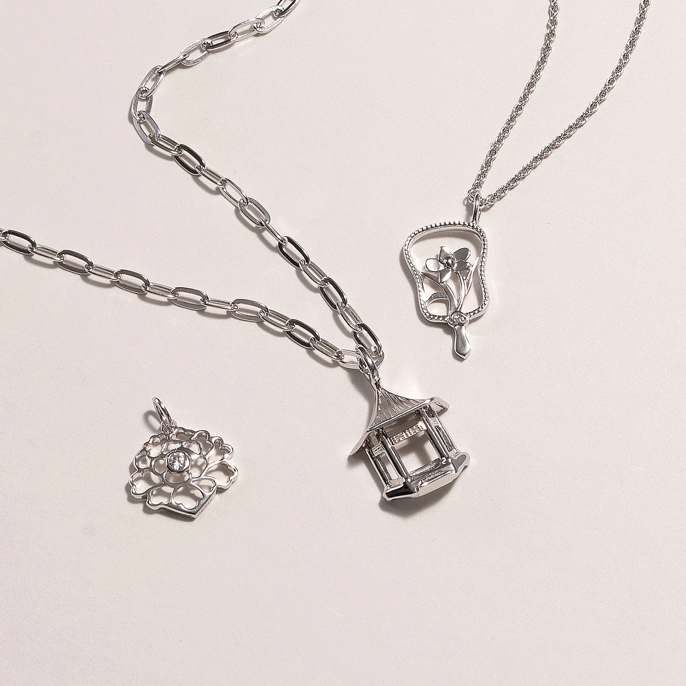 Orchid Hand Fan Charm - Silver - Image 2