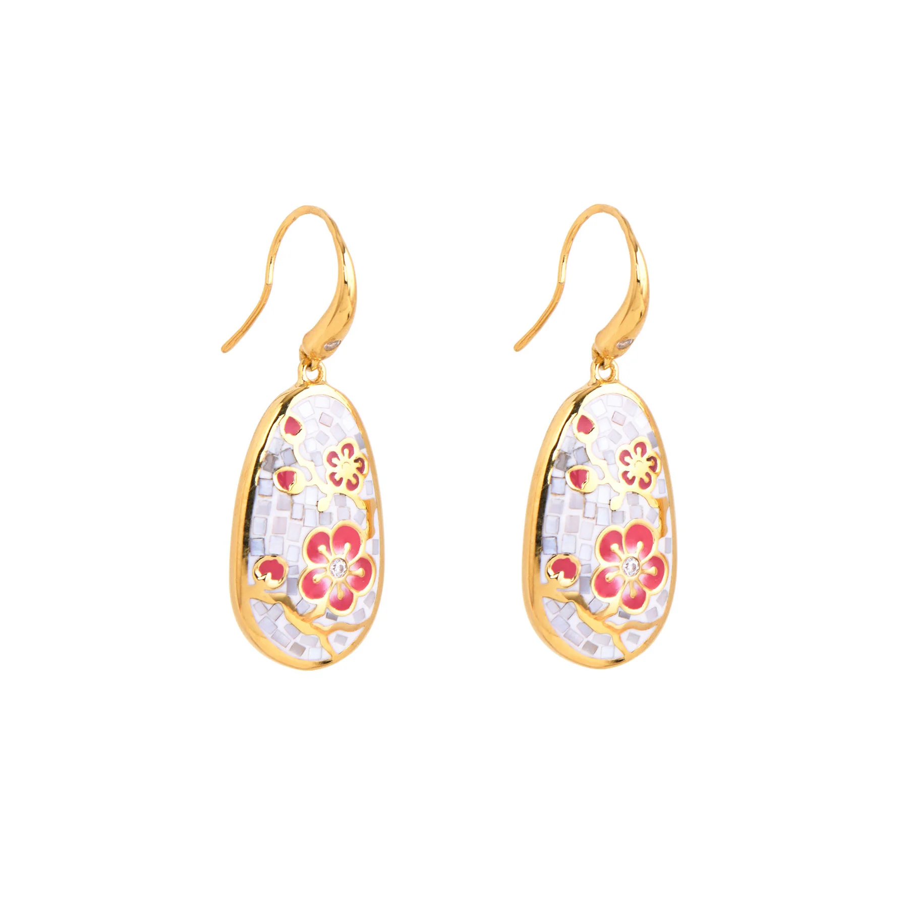 Plum Blossom Mosaic Mother of Pearl Earrings Gold - Image 3