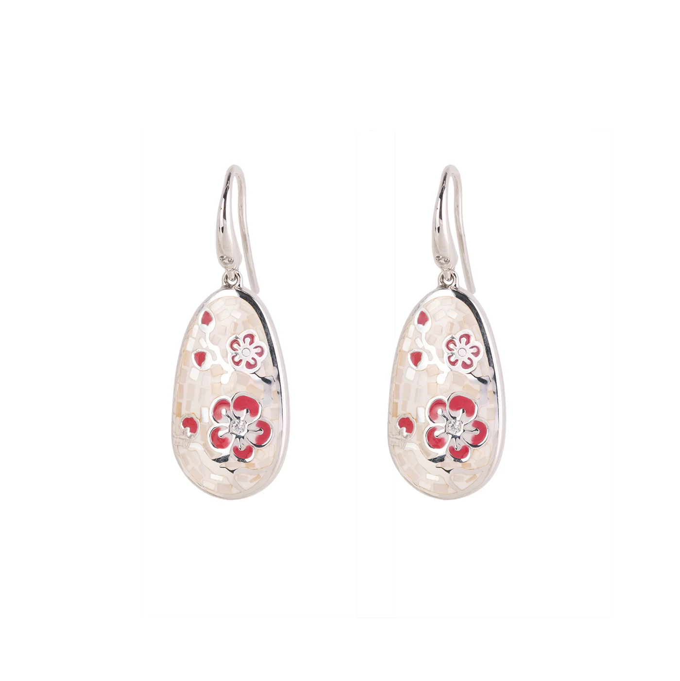 Plum Blossom Mosaic Mother of Pearl Earrings Silver - Image 2