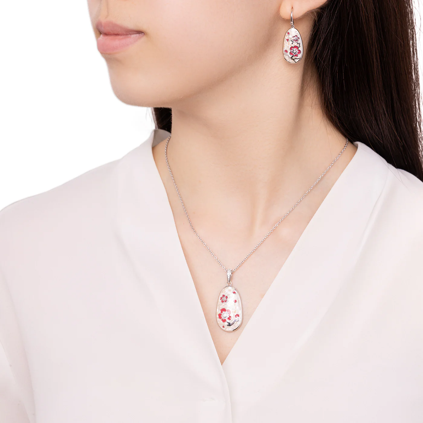 Plum Blossom Mosaic Mother of Pearl Earrings Silver - Image 4