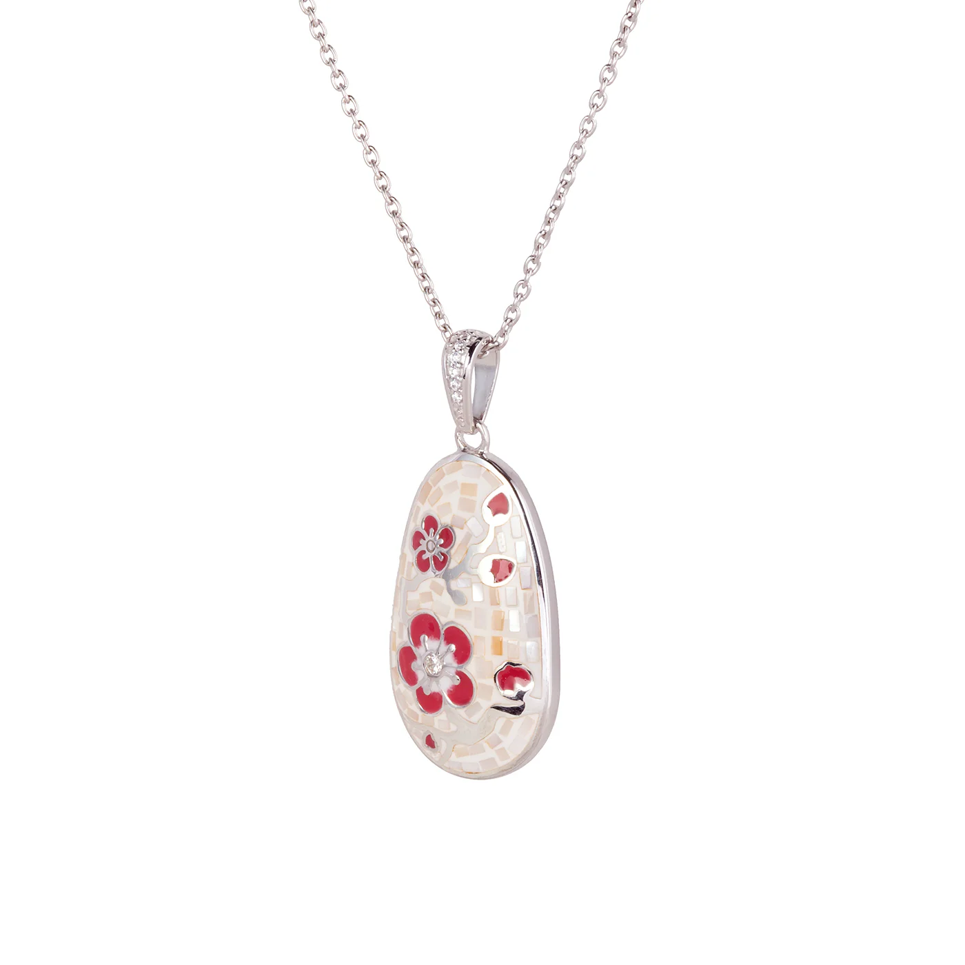 Plum Blossom Mosaic Mother of Pearl Necklace Silver - Image 2